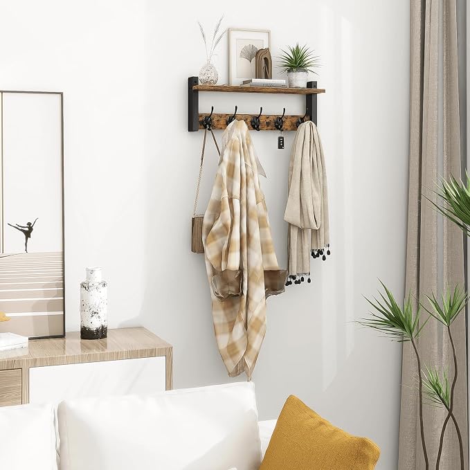 Wall Hooks with Shelf, Wood Coat Rack with Shelf Wall-Mounted, Entryway Hanging - Image 7