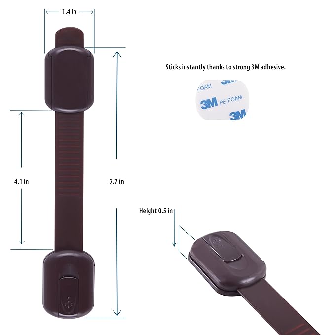 Child Safety Cabinet Locks (4 Pack) – Adjustable Baby Proofing Strap Latches with Strong 3M Adhesive – No Drill Childproof Locks for Drawers, Cabinets, Fridge, Door, Closet, Brown