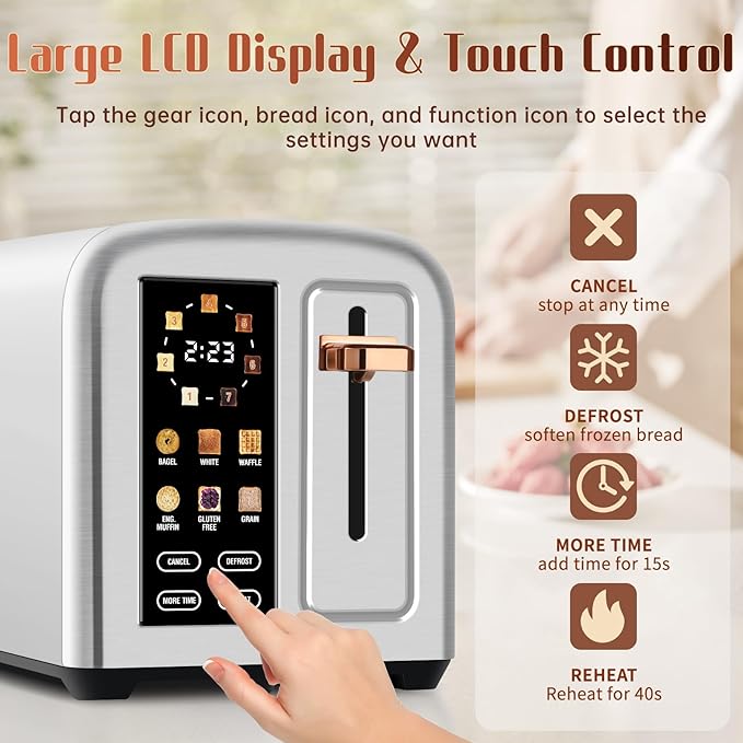 SEEDEEM Toaster 2 Slice with Touch Screen, Faster Heating Speed, 7 Shade Setting, 6 Bread Type, 1.5”Wide Slots Toaster, Removable Crumb Tray, 1350W, Silver Metallic