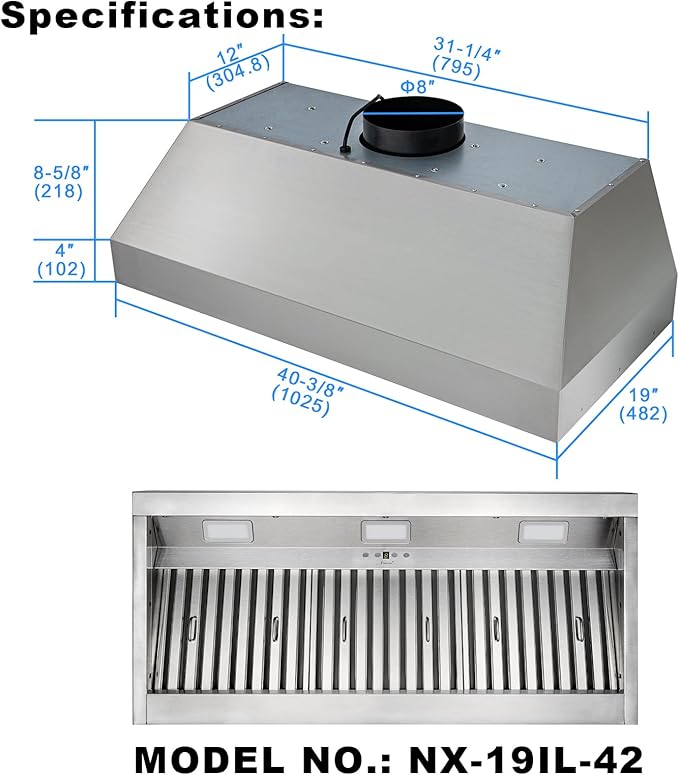 Range hood, 42 Inch Range Hood Insert with 1200 CFM Powerful Suction, Ultra Quiet Ducted Stainless Steel Kitchen Stove Vent Hood with Dimmable LED Lights, Timer, 4-Speed Touch Control