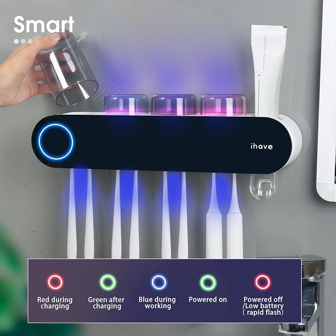 iHave UV Toothbrush Sanitizer Holder Wall Mount Toothpaste Dispenser, 4-Cup | - Image 3
