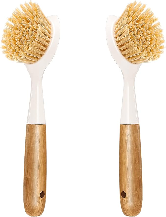 2 Pack Kitchen Dish Brush Bamboo Handle Dish Scrubber Built-in Scraper | Scrub by Songtaste