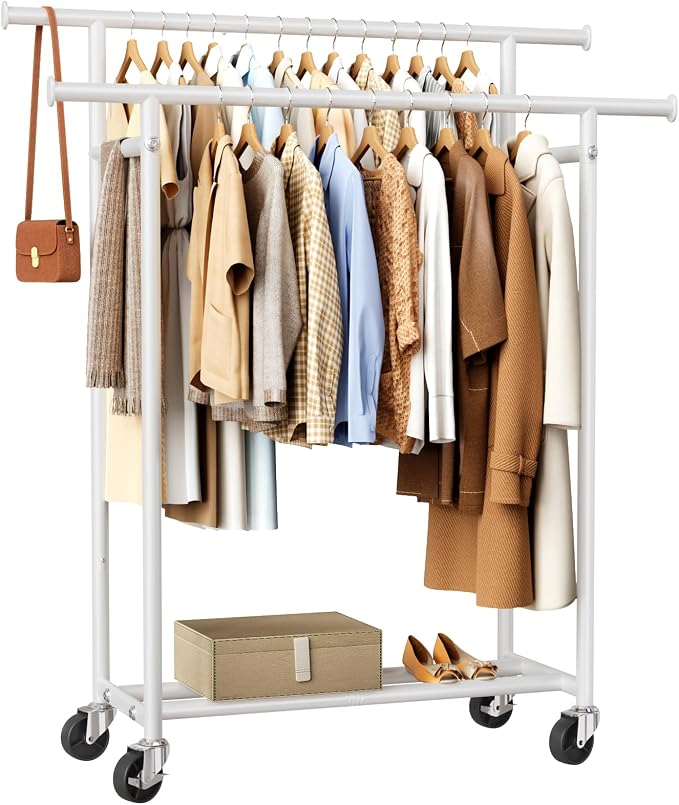 HYSEYY Clothes Rack, Double Rods Rolling Clothing Rack by HYSEYY