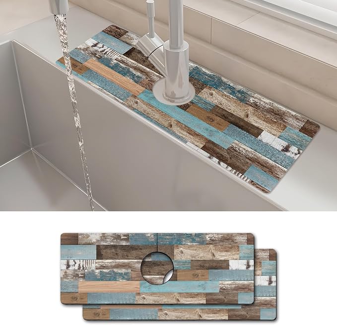 2PCS 15" X 5.5" Kitchen Sink Splash Guard Faucet Mat Wood Grain Super Absorbent by Unknown