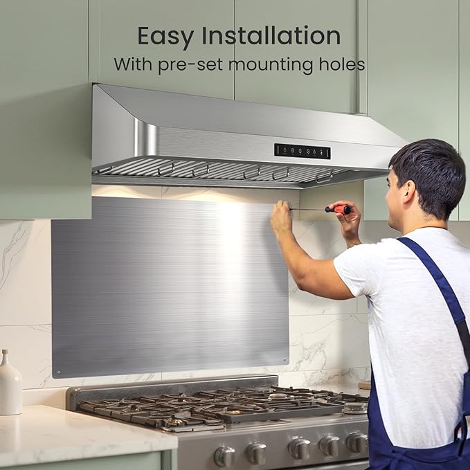 Kitchen Wall Shield – 24x30 Inch Stainless Steel Stove Backsplash for Easy Setup, Stove Backsplash Protector for Wall, Pre-Drilled Holes, Easy Clean