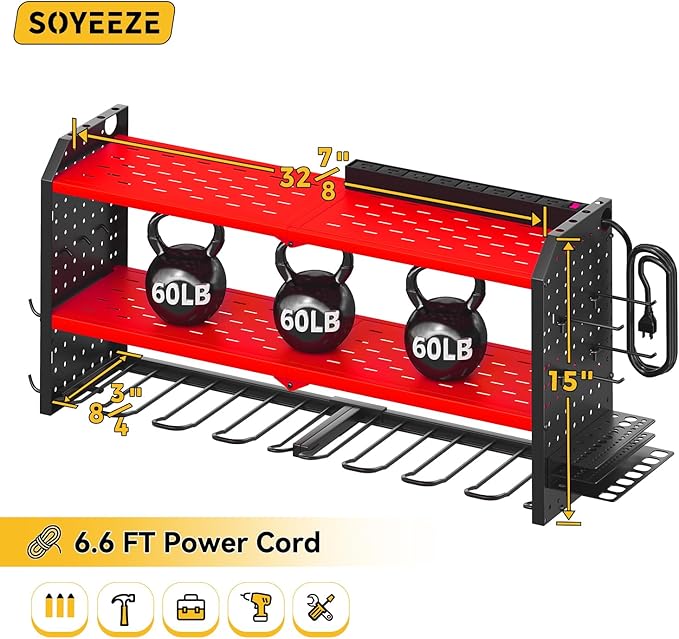 SOYEEZE Large Power Tool Organizer Wall Mount with Charging Station, 3 Layer Heavy Duty Metal Tool Storage Rack with 8 Drill Holder, Tool Holder Built in 8 Outlet Power Strip-Red
