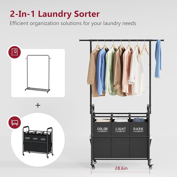 Tajsoon Laundry Sorter with Hanging Bar, 3 Section Laundry Hamper - Image 3