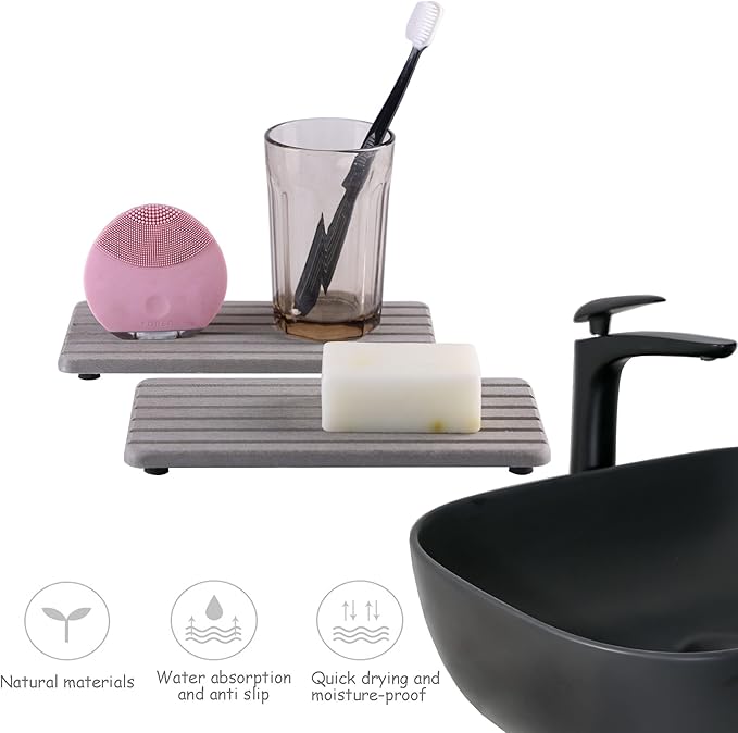 2 PCS Water Absorbent diatomite Coasters, 8.3" x 4" Water Absorbing Stone Tray for Sink, Stone Drying mat for Kitchen Counter, Stone soap Tray Used for Hand Soaps & toiletries & Plants