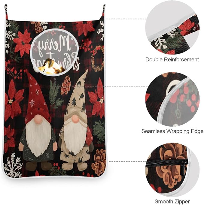 Checkered Christmas Floral Gnomes Hanging Laundry Hamper Door Hampers Bag Basket - Image 5