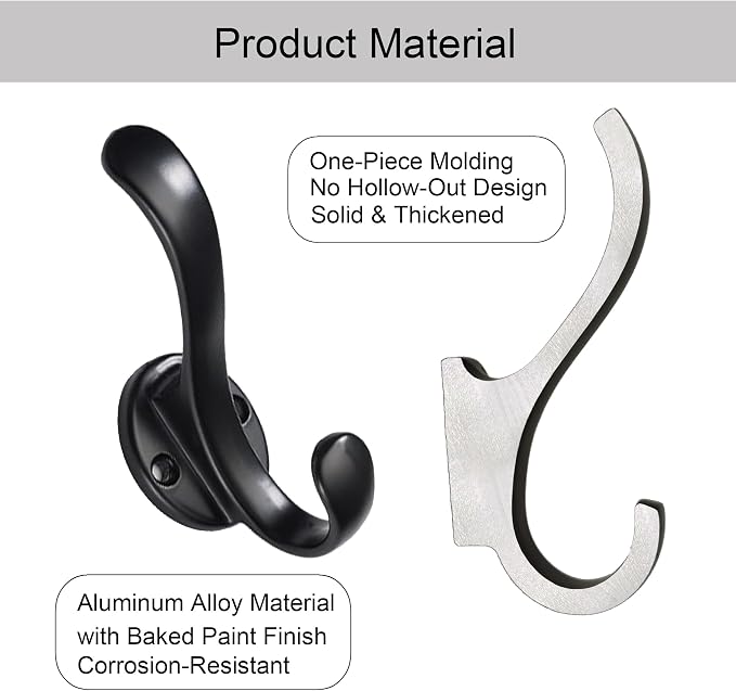 7PCS Black Heavy Duty Double Wall Coat Hooks - Image 3