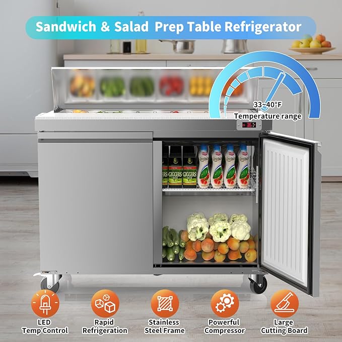 48’’ W Commercial Refrigerator Sandwich Salad Prep Table Refrigerators 2 Door with 12 Pans, Prep Station Fridge for Restaurant, Bars, Shops