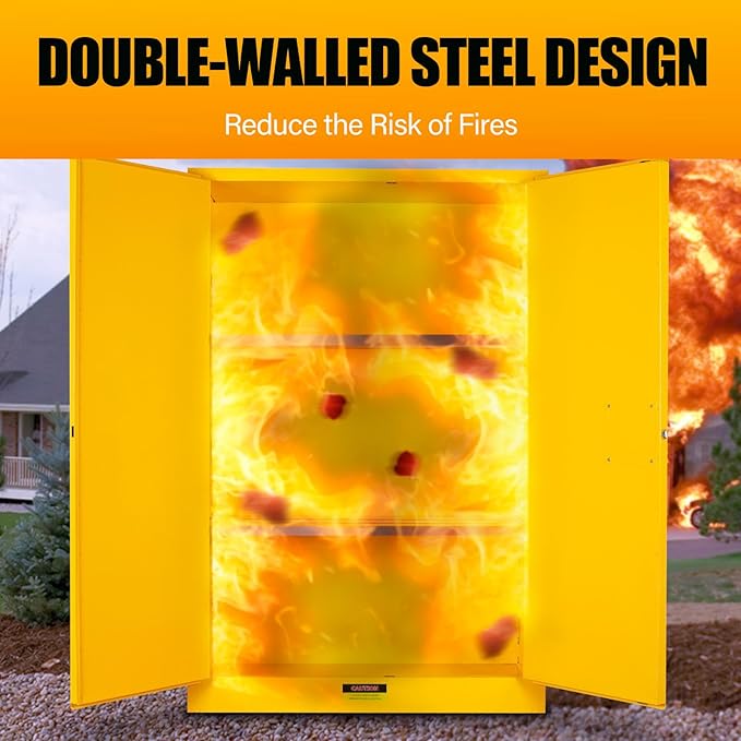 Flammable Storage Cabinet 70 Gallon Yellow, Galvanized Steel Large-Capacity Fire Resistant Cabinet, Dual Vents & 3-Point Lock for Warehouses, Industrial Use & Residential Garages