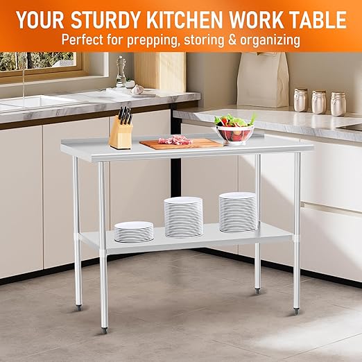 HOCCOT Stainless Steel Table 30" x 48" with Adjustable Undershelf and Backsplash, Commercial Metal Workstations for Kitchen, Garage, Outdoor BBQ