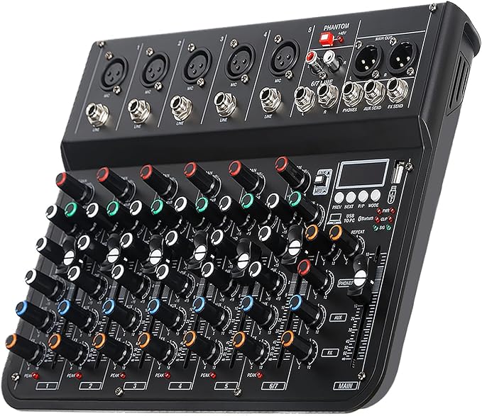 7 Channel mixer, DJ Mixer Board, Audio Sound Card with Interface Recording and 48V Phantom Power, Sounds Mixer Board with FX Reverb Delay Effect for Streaming
