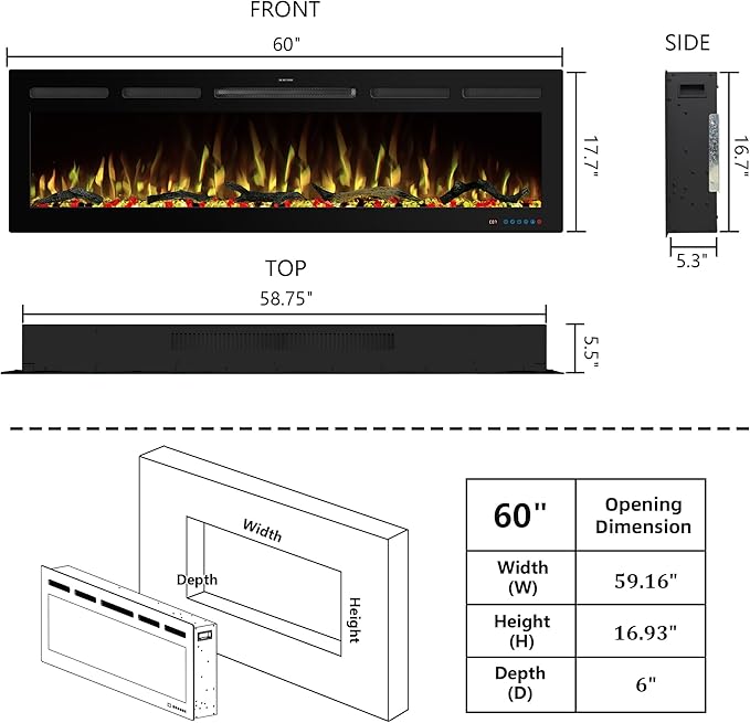 60" WiFi Electric Fireplace Inserts, Recessed and Wall Mounted Fireplace Heater W/Adjustable Flame Color & Brightness, Thermostat, 9H Timer, App and Remote Control, Low Noise, 750/1500W