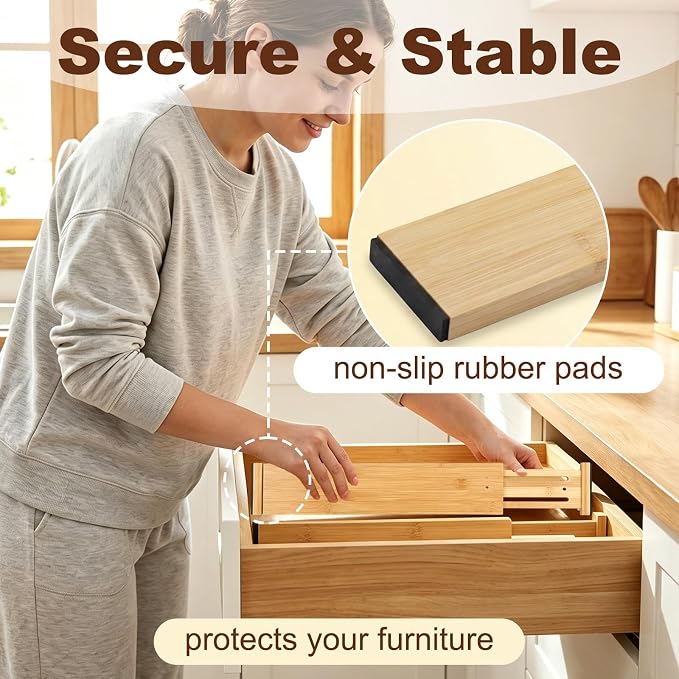 Joyeee Kitchen Drawer Dividers 6 Pack, 16.9-22.1" Adjustable Bamboo Drawer - Image 5