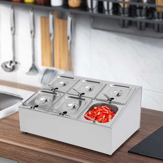 Pizza Topping Station Organizer Condiment Container Dispenser with 6 1/6 Pans& Lids, Stainless Steel Seasoning Food Containers Spice Rack Shelf Holder for Ingredients Sauce Salad Jam Fruits