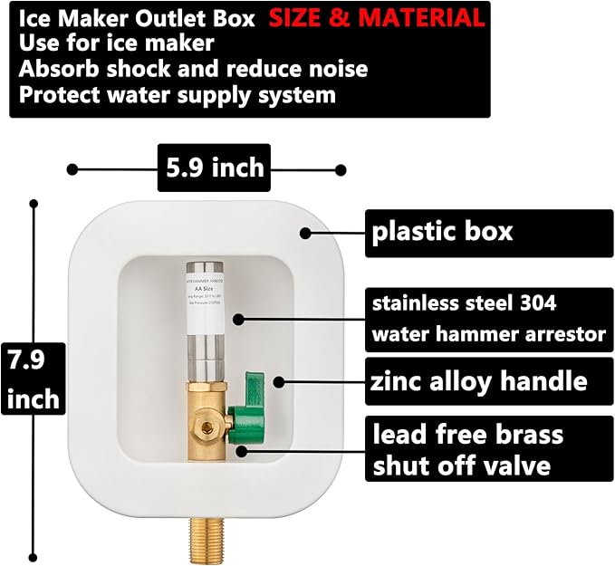 (1 Pack) Lidertik 1/2 inch Sweat Thread Pre-Assembled Ice Maker Outlet Box Valve 1/4 inch Recessed Refrigerator Water Line Wall Box with Shut Off Valve and Stainless Steel Water Hammer Arrestor 611-LK
