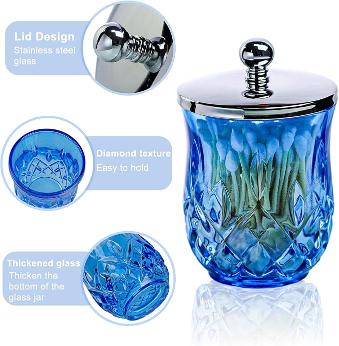 10Oz Blue Q-Tip Holder, Round Thick Glass & Metal Lid - Image 4