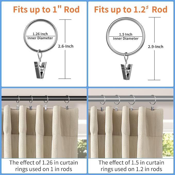 Curtain Rings with Clips, 42 Pack Metal Drapery Rings with Clips Hooks Hangers - Image 3