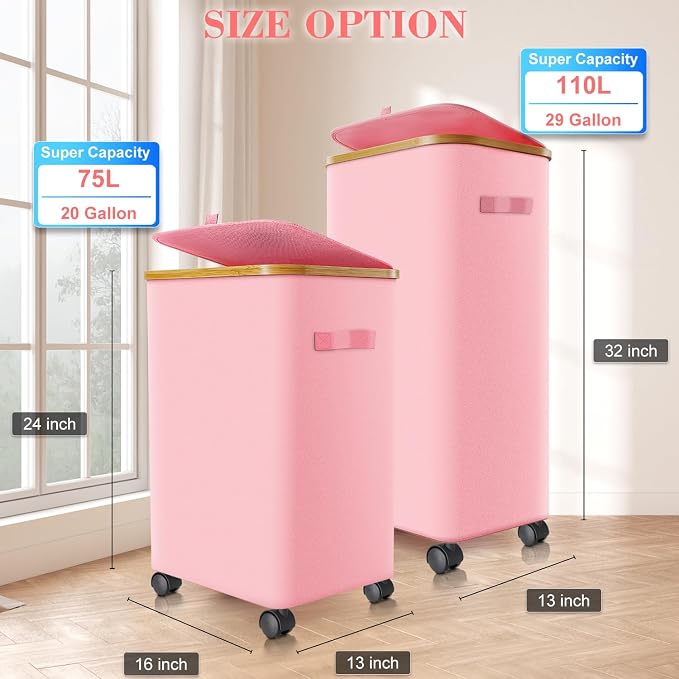 Laundry Hamper with Wheels, 110L Rolling Laundry Basket with Lid - Image 2