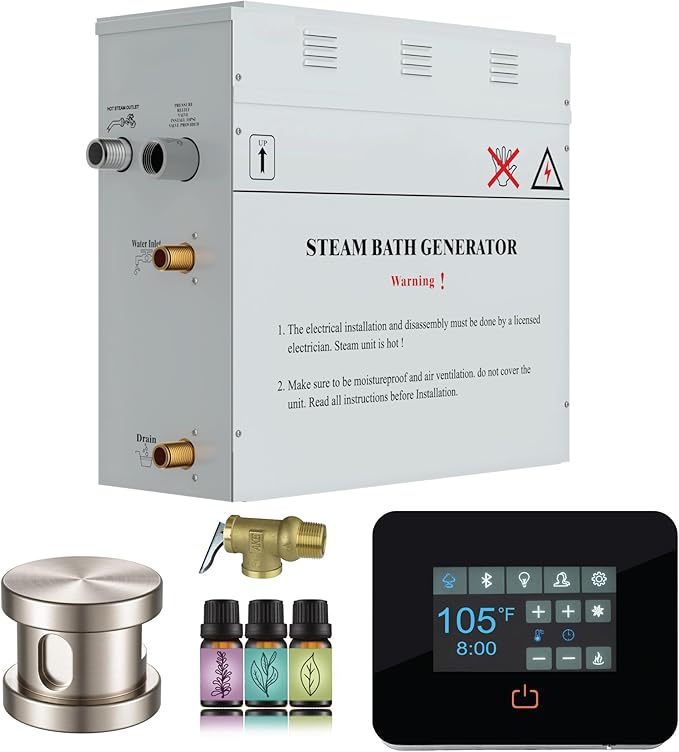 Builders Series 6kW Steam Bath Generator with Quickstart Continuous Steam, Black Digital Touch Pad, Built-in Auto-Drain, and Aroma Steamhead in Brushed Nickel
