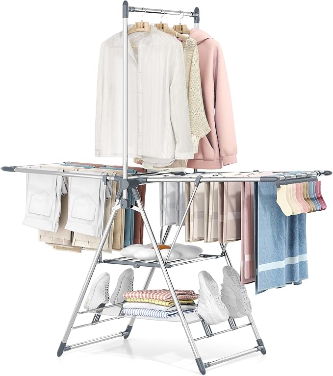 Clothes Drying Rack with High Hanger, 3-Level Drying Racks | Foldable Laundry by APEXCHASER