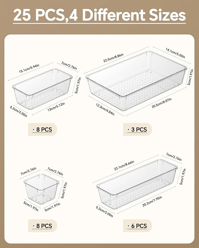 KEMETHY 25 PCS Plastic Drawer Organizers Set, 4 Sizes Vanity Organizer | Makeup - Image 2