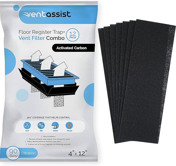 Activated Carbon Air Vent Filters for Home - 4" x 12" MERV 8 Electrostatic Floor Vent Filters That Trap Dust, Dirt, Smoke, Pollen, Hair - 90 Day Filtration (12 Pack)