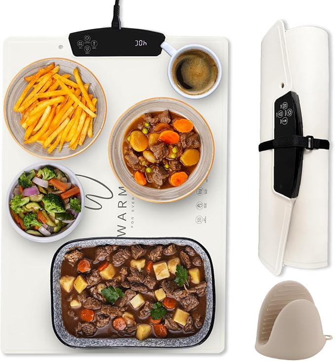 Food Warming Mat - 9 Temp Settings, Rapid Full Surface Heating, Child-Lock, 2-12H Timer, Auto Off, Dual Display - Perfect for Parties, Buffets, Everyday Use - Eco-Friendly Tray (Cream)