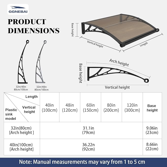 Awning for Door Entrance with Drainage Sink,32x48 Inch Awnings for Doors,Window Canopy Exterior with Plastic Steel Bracket,Polycarbonate Cover,UV,Rain,Snow Protection for House,Porch,Patio,Deck