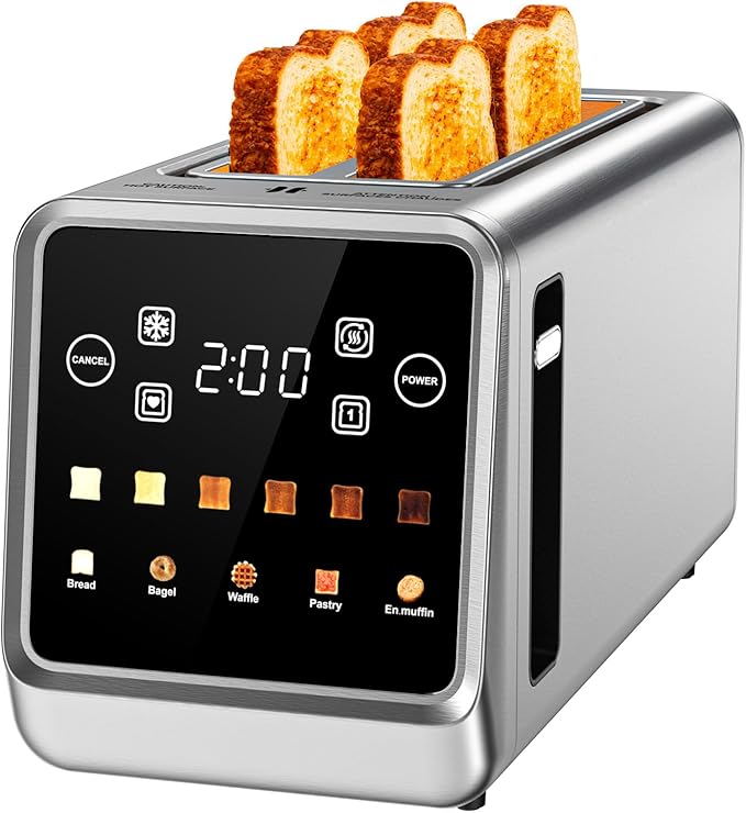 Toaster 4 Slice Long Slot with Digital Touchscreen & 1-Touch Memory for Family | Stainless Steel for Bagels & Artisan Bread | Defrost Reheat & Single-Slice Modes