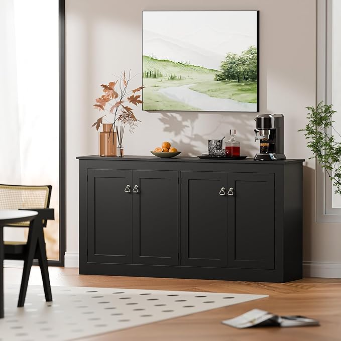 Cozy Castle Buffet Cabinet with Storage - Kitchen Storage Cabinet Wood Console Table Coffee Bar Accent Cabinets for Living Room Dining Room Entryway Black 57.5" W