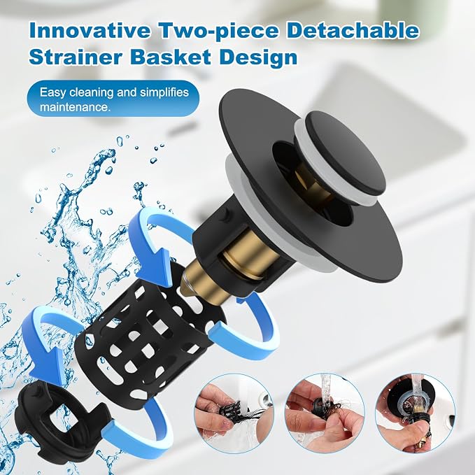 Hibbent Universal Bathroom Sink Drain Strainer, 3 in 1 Pop Up Stopper | - Image 3