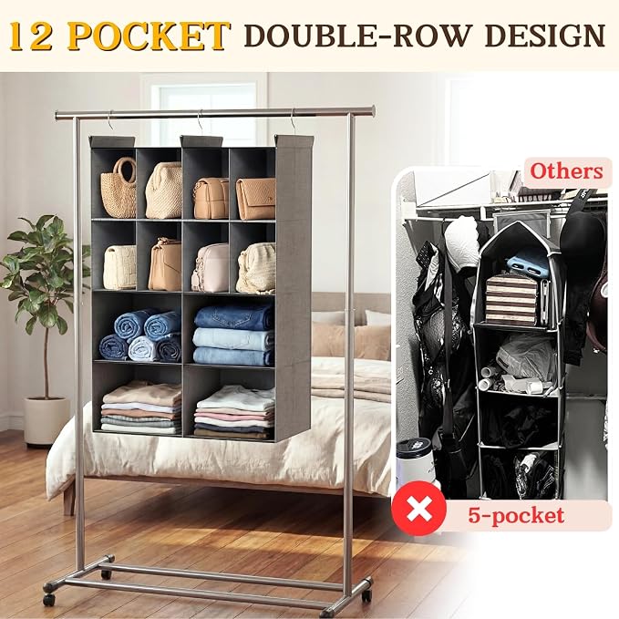 4 Tier Hanging Closet Organizer, 12 Compartments Dual Row Storage, 3 Sturdy - Image 3