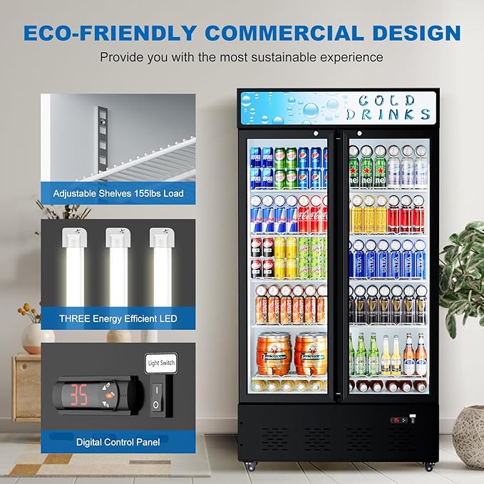 Commercial Beverage Refrigerator, 30 Cu.ft. Fridge Display Glass Door Upright Display Door with Adjustable Shelves LED Light for Restaurant,Grocery Stores,Office