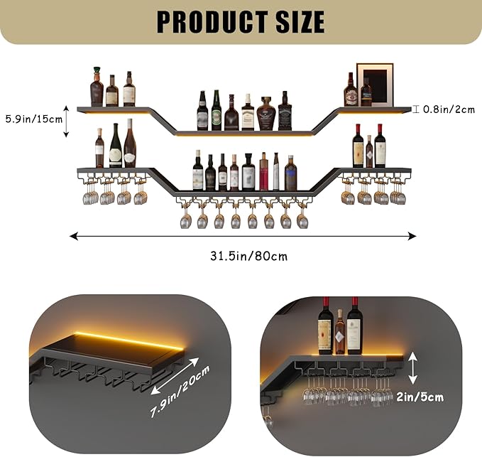 31.5in Modern LED Wine Rack Wall Mounted, 3-Tier Floating Bar Shelves with Wine Glass Rack, Large Hanging Liquor Shelf Wall Mounted, for Home Bar Dining Room Cafe Decorative (Black, 31.5in/80cm)