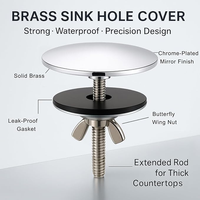 Solid Brass Kitchen Sink Hole Cover, 2 Inch Faucet Hole Cover, Polished Chrome Finish Tap Hole Plate Stopper Cover, Countertop Hole Cover for Kitchen and Bathroom Sinks (Polished Chrome)