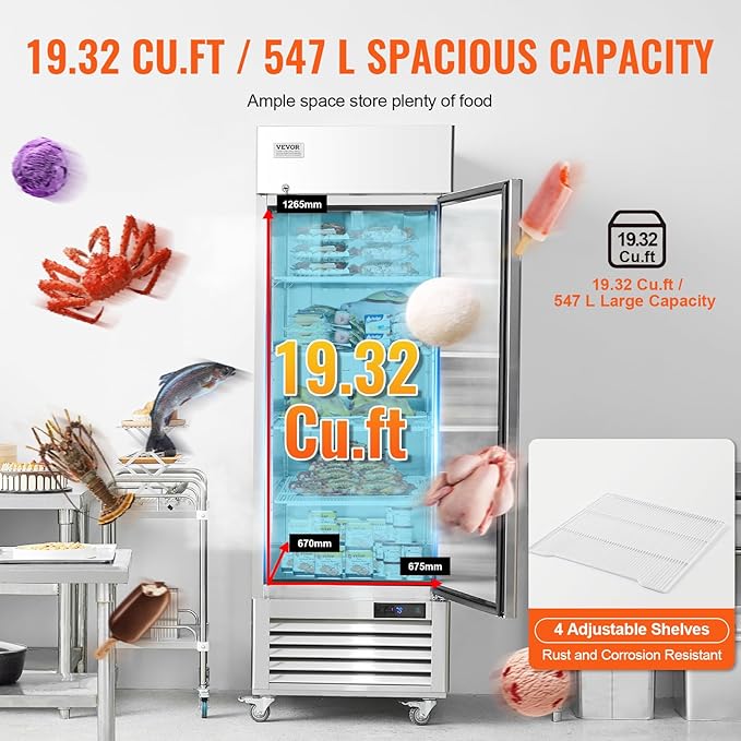 VEVOR Commercial Freezer 19.32 Cu.ft, Reach In 27" W Upright Freezer Single Door, Auto-Defrost Stainless Steel Reach-in Freezer with 4 Adjustable Shelves, -13 to 5℉ Temp Control, LED Light, 4 Wheels