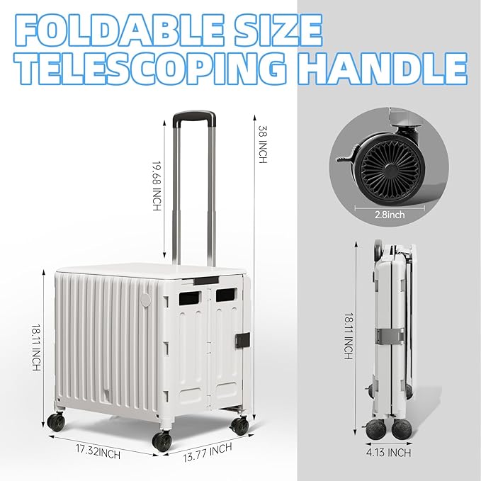 Folding Utility Cart (Gray), 4 360° Swivel Wheels Collapsible Rolling Crate with Lid, Heavy-Duty for Office/Home/Luggage, Teacher - Minimalist Style