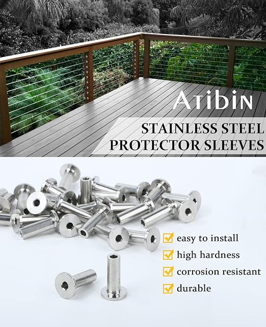 Atibin Rope Wood Railing Sleeves Protector Stainless Steel Railing Sleeves Protective Cable Handrail Railing Sleeves Wire 3/16inch 30pcs