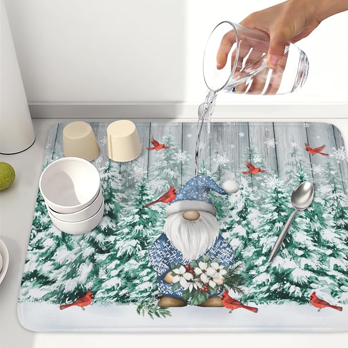 Giwawa Winter Gnome Dish Drying Mat Pine Tree Dishes Pad 18"x24" Microfiber - Image 6