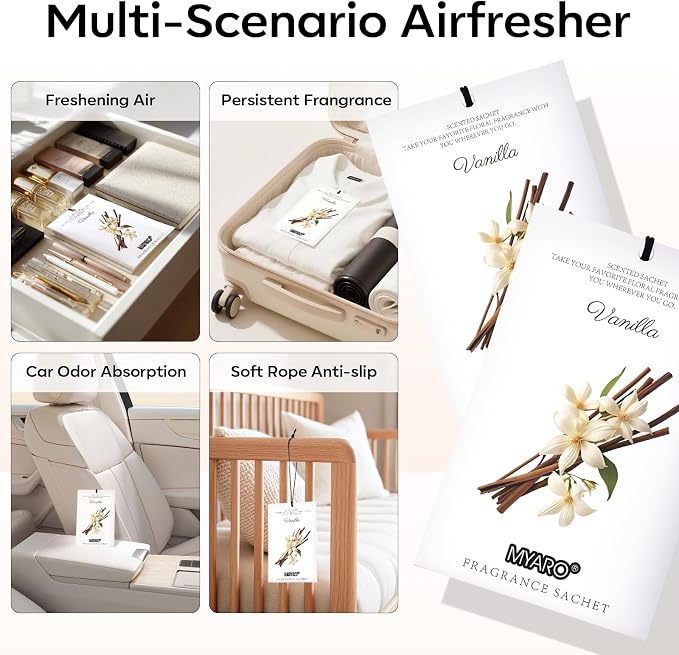 MYARO 12 Pack Vanilla Scented Sachets, Closet Deodorizer Car Air Freshener - Image 3