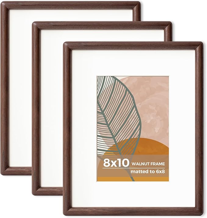 Axeman 8 x 10 Walnut Frame Set of 3 - Rounded Corner 8x10 Picture Frame Matted to 5x7 - Walnut Wood 8 x 10 Photo Frame with Tempered Glass for Wall Mount or Tabletop Display