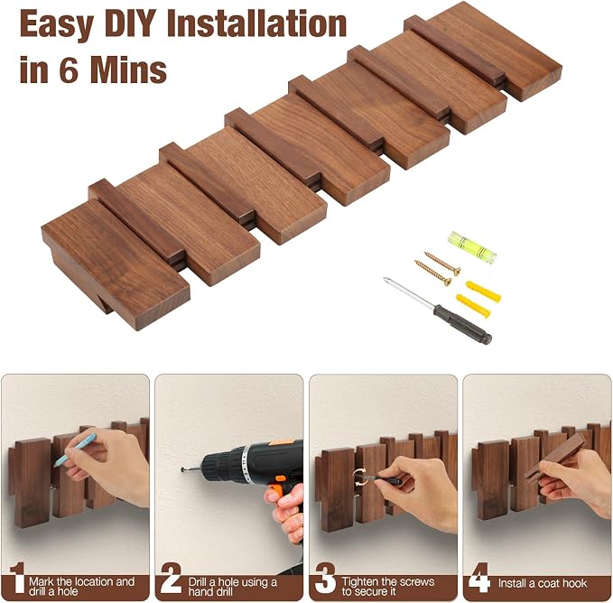 Wood Coat Rack Wall Mount, Coat Hooks Hanger Wall Mounted, Heavy Duty Wall Coat - Image 6