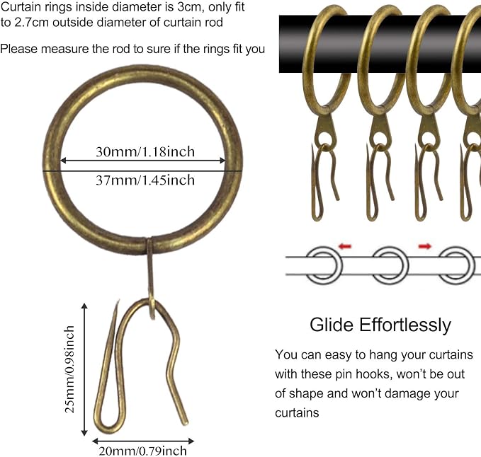 60 Pcs Metal Curtain Rings & Hooks Set, 30 mm Internal Diameter, Curtain Rod - Image 3