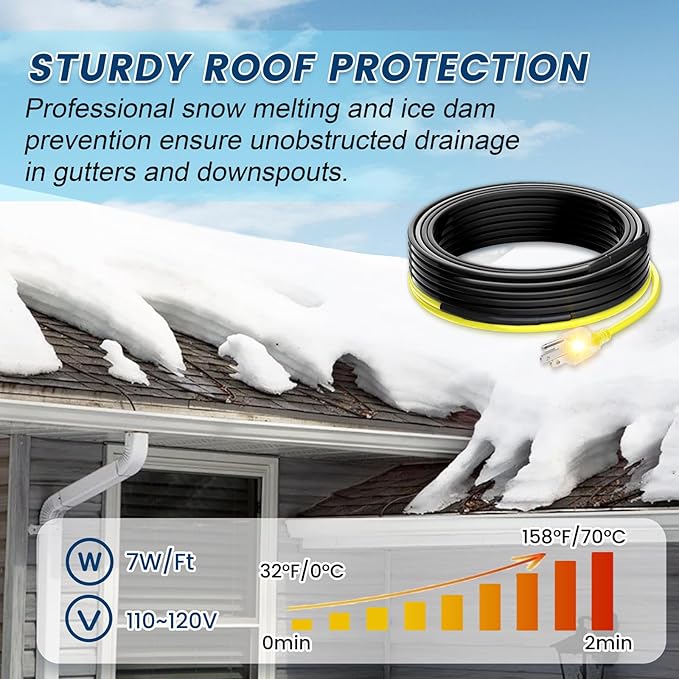 35 FT Heat Tape for Roof and Gutters, YeloDeer Gutter Heater Cable Heat Trace Cable for Snow De-Icing Ice Dam & Pipe Freeze Protection 7W/FT 120V