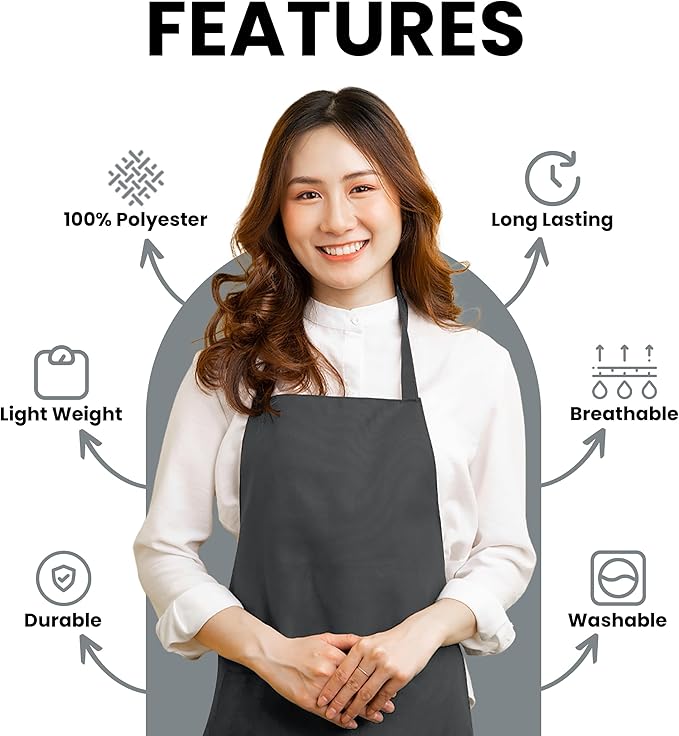 Aprons for Men - 100% Polyester Chef Apron Women with Extra Long Ties - Cooking Aprons for Women & Mens Apron