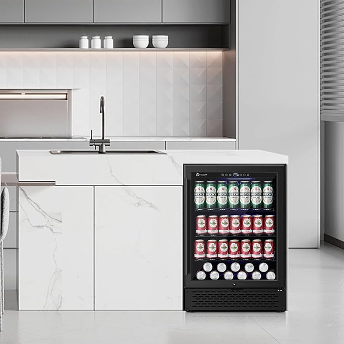 24 Inch Black Beverage Refrigerator Under Counter,190 Cans Beverage Fridge with Glass Door&Lock, Built-in/Freestanding Beverage Cooler for Home Bedroom Bar or Office, Low Noise Compressor