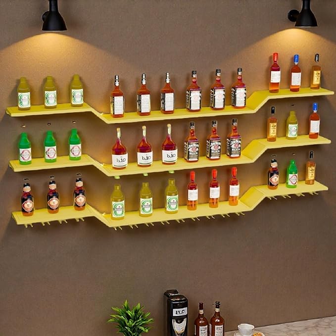 78.7" Wall Mounted LED Wine Rack, 3-Tier Floating Bar Shelves, Large Liquor Shelf with Wine Glass Rack, Large Bar Rack Wall Mounted for Liquor Bottles, Home Bar, Dining Room or Cafe, Gold